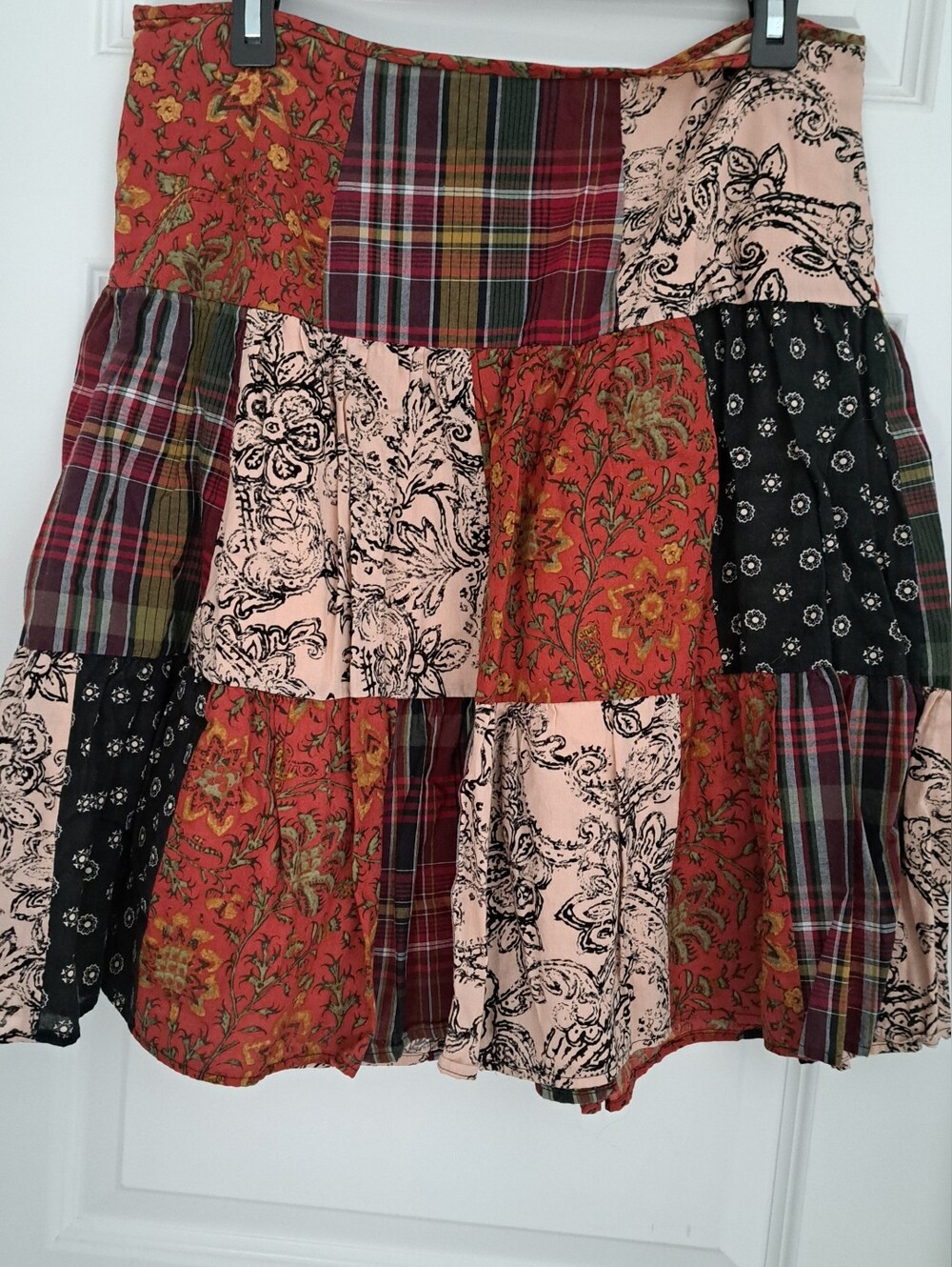 American Living Patchwork Tiered Midi Skirt in Rust, Black and Cream